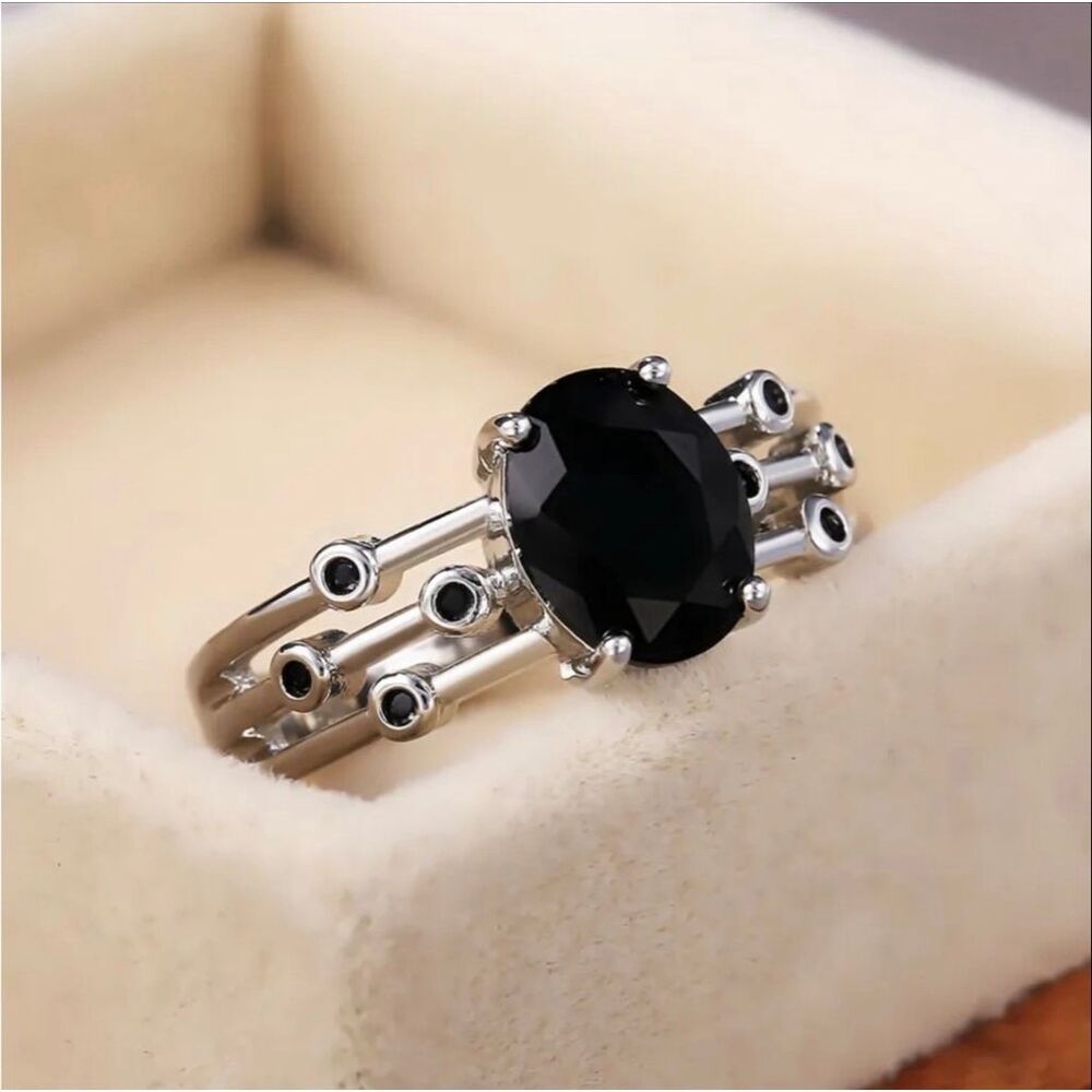 Trendy Oval Cut Black Obsidian Silver Ring